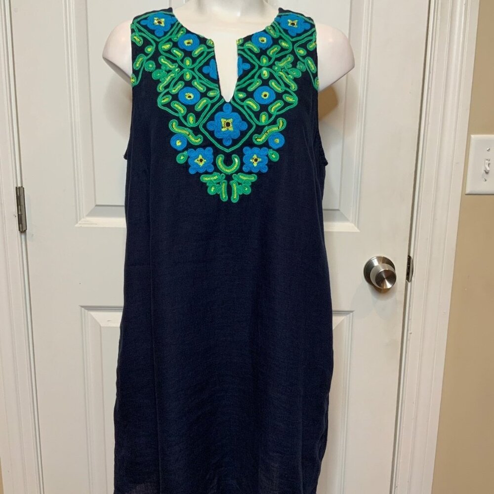 J.Crew Navy Blue Linen Sequin Floral Embroidered Shift Dress, Size M